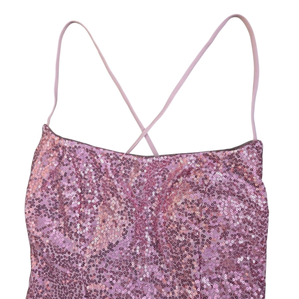 Elegant Pink Long Sequin Dress With Open Criss Cross Back And Removable Bow - Picture 3 of 5